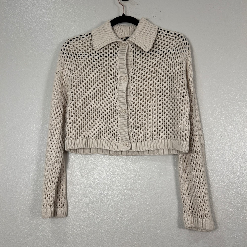 HM Divided Womens XS Cream Open Knit Cropped Cardigan Sweater Collared Button Up